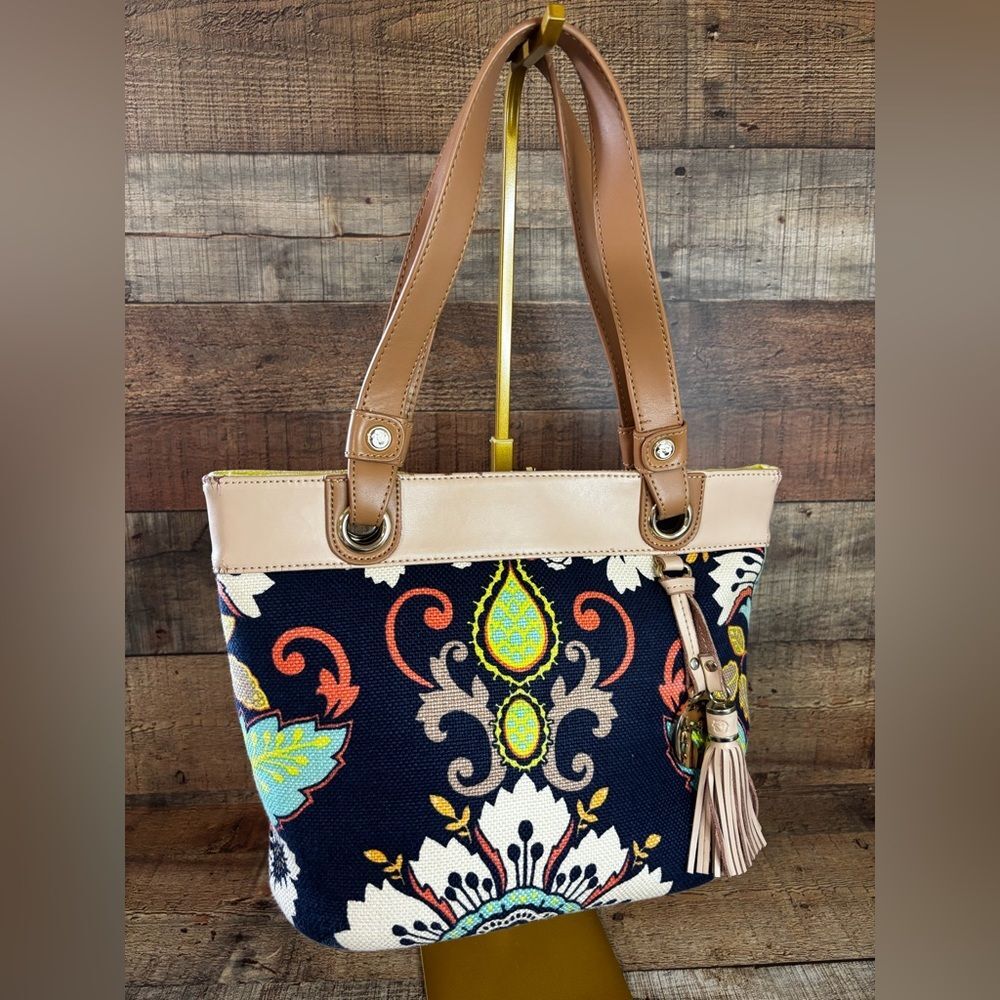 Spartina 449 Daufuskie Island Amelia Linen Leather Satchel Handbag Blue Floral